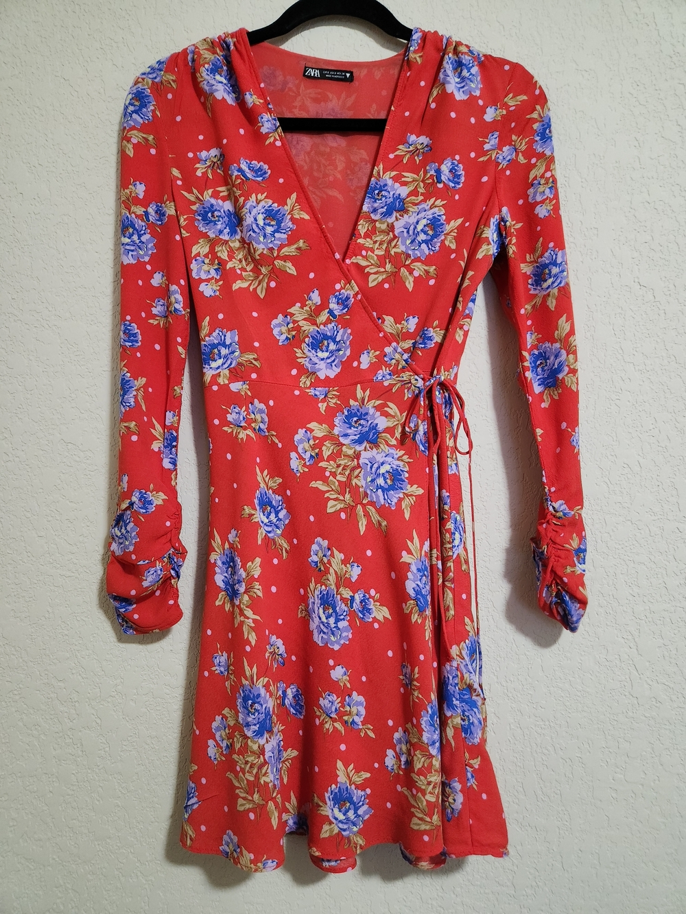 Zara Orange Wrap Mini Dress with Blue Floral Print White Polka Dots